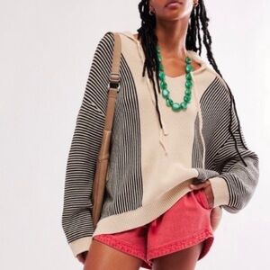 Free People Found Tabas Tie Knit Collar Stripe Oversized Sweater SM MED LG
